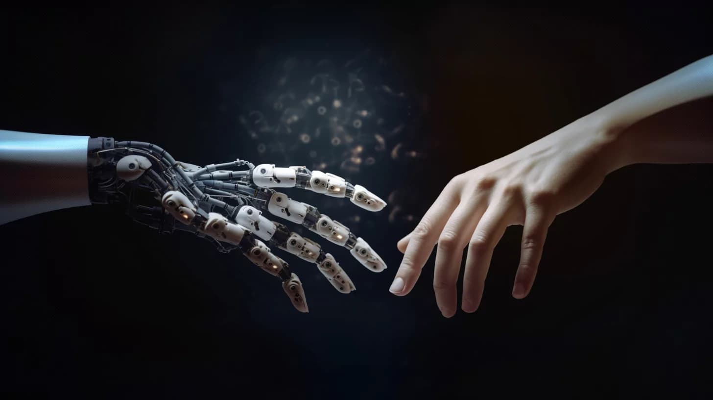 AI and human hands reaching toward each other